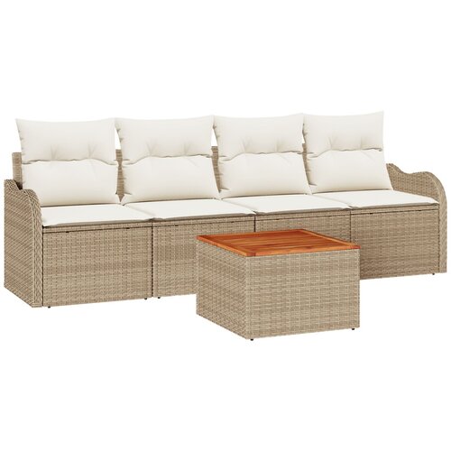 VidaXL 5-delni vrtni sofa set z blazinami Bež Poli Ratan Akacija, 2-sedežna vrtna sofa z blazinami Bež Poli Ratan Slike