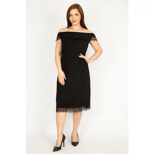 Şans Women's Black Plus Size Collar Elasticated Lace Detailed Dress
