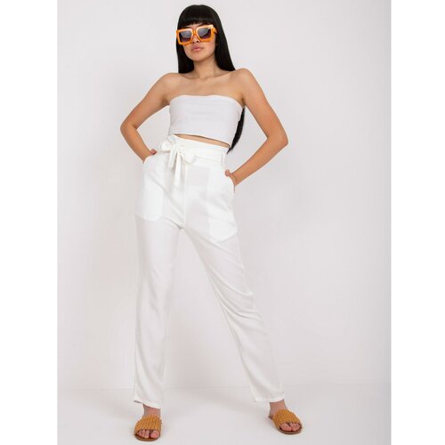 Fashion Hunters Ecru women's fabric pants with a belt Slike
