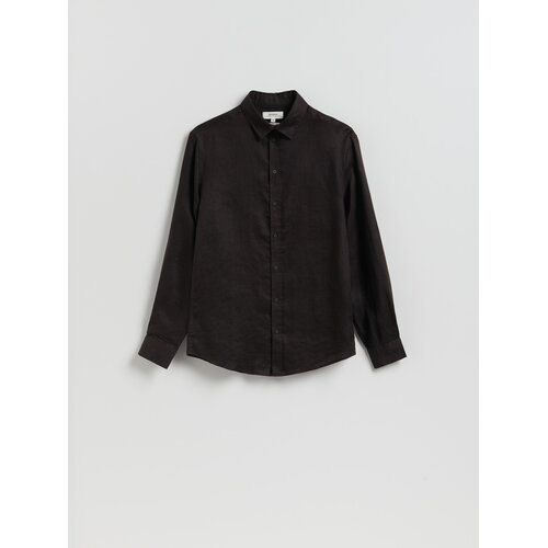 Reserved Lanena slim fit košulja - tamnosmeđe Cene