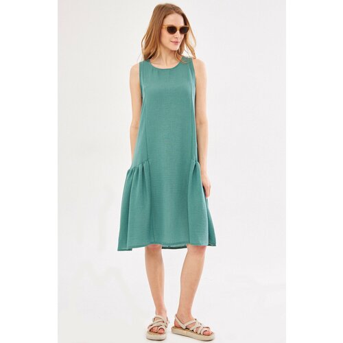armonika Women's Turquoise Decapped Dress Side Gathered Sleeveless Linen Look Midi Length Slike