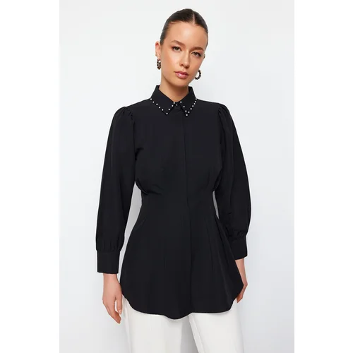 Trendyol Black Waist Fitted Pearl Detail Woven Shirt