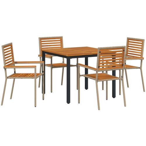 vidaXL 5-dijelni set vrtne blagovaonice Bež poliratan Acacia, Stacking garden chairs with cushions – Set od 2 u bež poliratanu, Vrtni stol 90x90x75 cm čvrsto drvo acacia i metal Cene