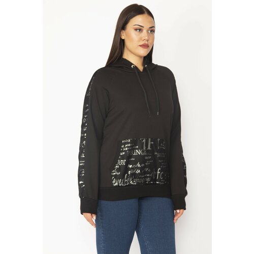 Şans Women's Plus Size Black Lacquer Print And Mesh Detailed Hooded Kangaroo Pocket Sweatshirt Slike