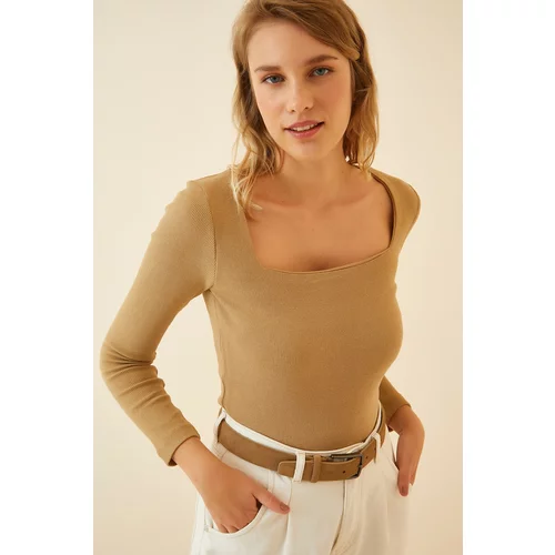 Happiness İstanbul Women's Biscuit Square Collar Corduroy Knitted Blouse