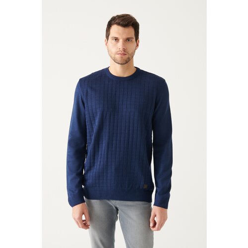 Avva Men's Dark Navy Blue Crew Neck Front Textured Standard Fit Normal Cut Knitwear Sweater Cene