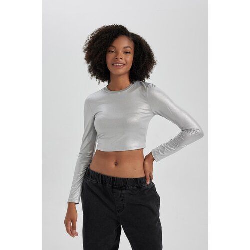 Defacto Fitted Crop Long Sleeve Shiny T-Shirt Slike