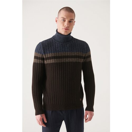 Avva Men's Brown Full Turtleneck Block Color Standard Fit Regular Cut Woolen Sweater Slike