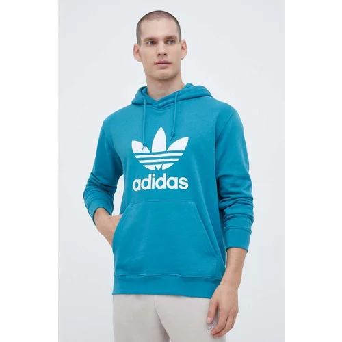 Adidas Bombažen pulover moška, turkizna barva, s kapuco