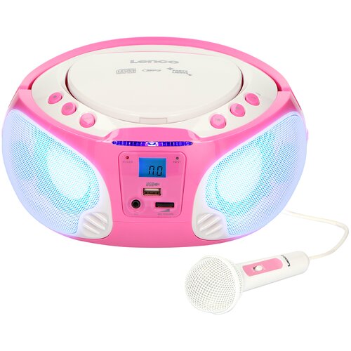 Lenco Prenosni FM radio s CD/MP3/USB, mikrofonom in svetlobnimi učinki, Roza, (5000277657) Cene