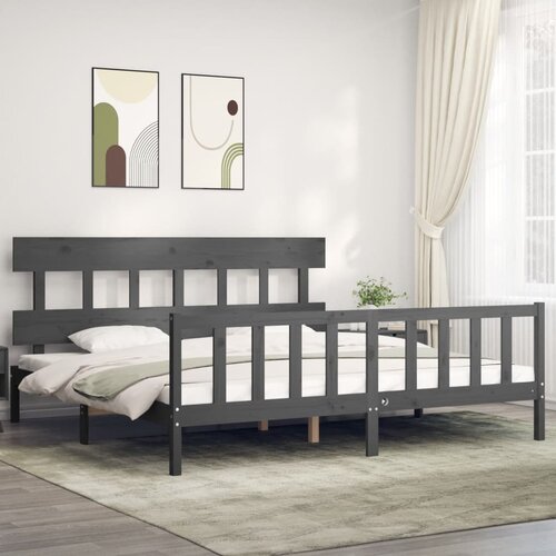 The Living Store Posteljni okvir z vzglavjem siv 200x200 cm trden les - Posteljni Okvir, (21527824) Slike