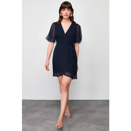 Trendyol Navy Blue Double Breasted Skirt Ruffle Detailed Chiffon Lined Mini Woven Dress Slike