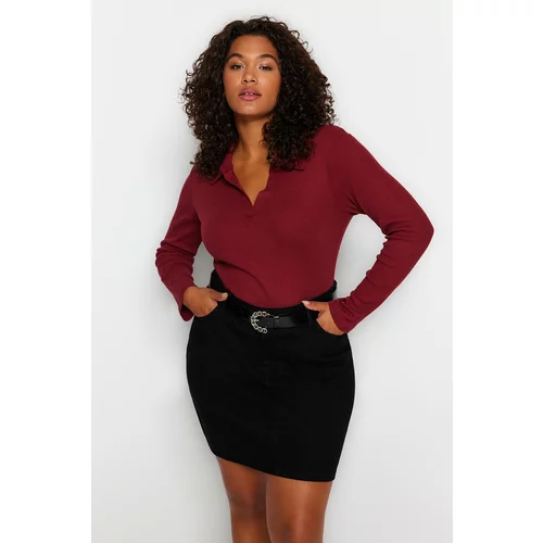 Trendyol Curve Burgundy Corduroy Knitted Shirt Collar With Snap Buttons Body
