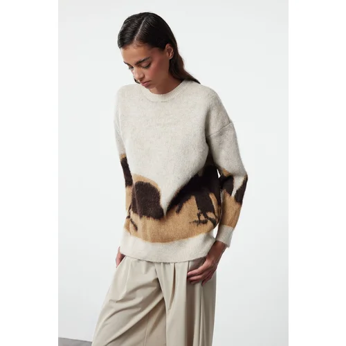 Trendyol Beige Color Block Crew Neck Knitwear Sweater