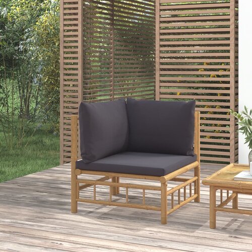 VidaXL Kutna vrtna sofa od bambusa s tamnosivim jastucima Slike