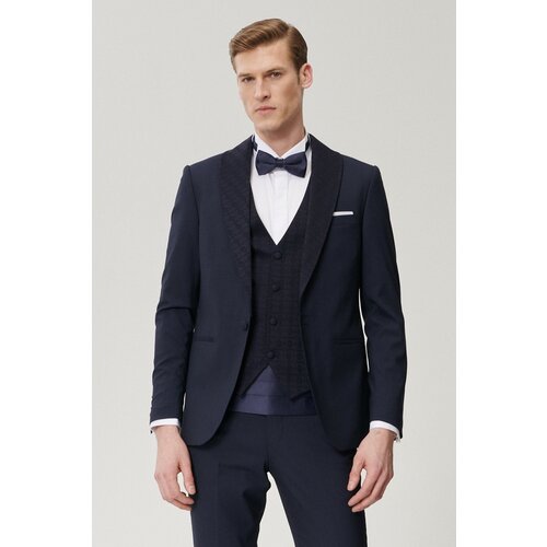ALTINYILDIZ CLASSICS Men's Navy Blue Extra Slim Fit Tuxedo Groom Suit with Vest Cene
