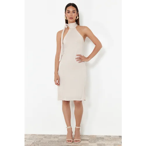 Trendyol Stone Straight Knitted Dress with Tie Detail at the Throat