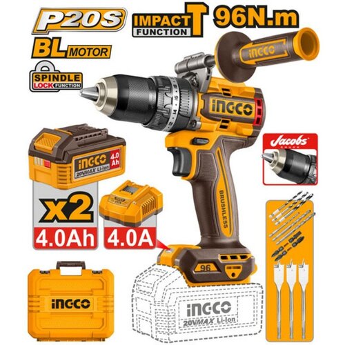 Ingco CIDLI209686E Akumulatorska udarna bu&scaron;ilica 96 Nm, 2 x 4.0Ah baterija + punjač + kofer Cene