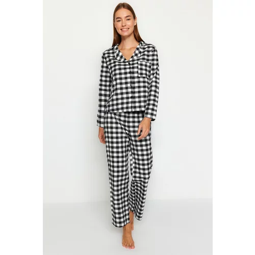 Trendyol Black Flannel Checkered Shirt-Pants Weave Pajamas Set