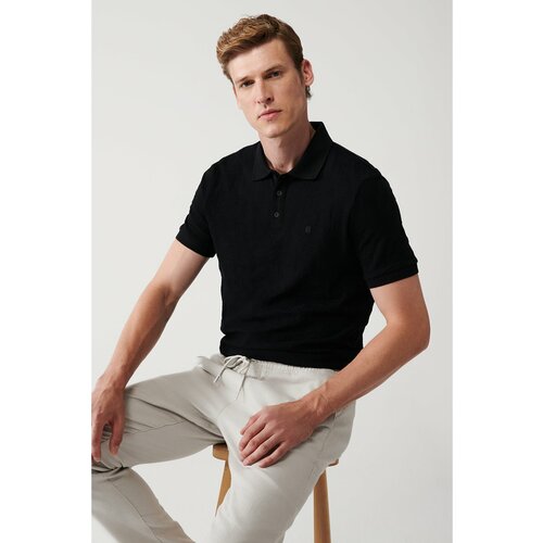 Avva Men's Black 100% Cotton 3-Button Polo Neck Ribbed Regular Fit T-shirt Slike