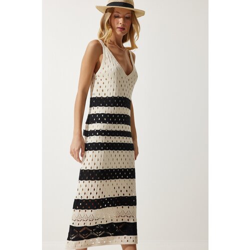  Women's Cream Black Strappy Striped Summer Knitwear Dress Cijene