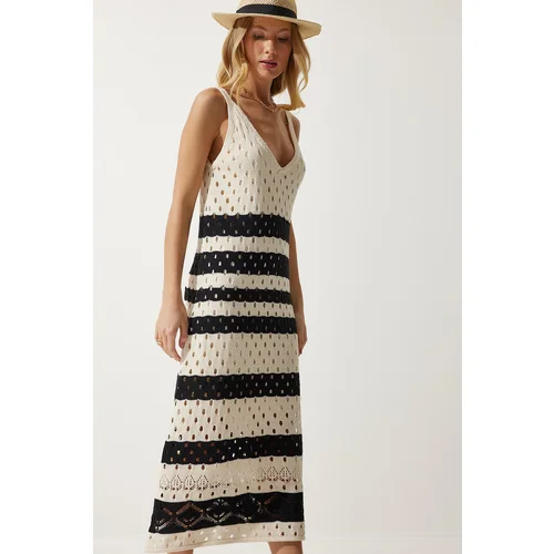  Women's Cream Black Strappy Striped Summer Knitwear Dress