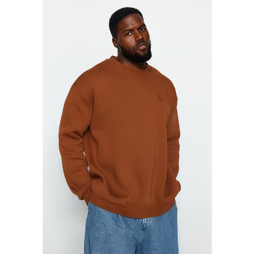 Trendyol Brown Men's Plus Size Relaxed/Comfortable Cut, Soft Pile Cotton Sweatshirt Slike