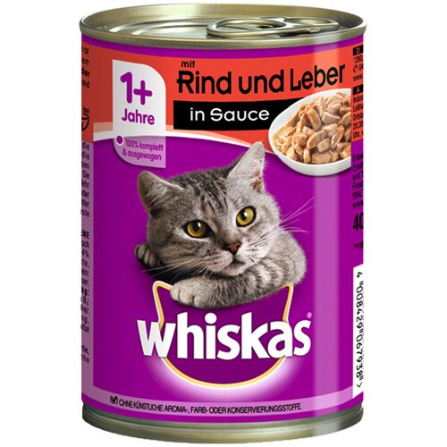 Whiskas 1+ konzerve 12 x 400 g - 1+ Govedina i jetra u umaku (400 g / konzerva) Cijene