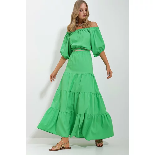 Trend Alaçatı Stili Women's Green Madonna Collar Crop Blouse Gathered Inner Lined Skirt Poplin Suit