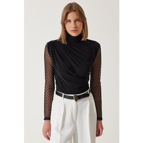  Women&amp;#039;s Black Polka Dot Lace Sleeve Gathered Knitted Blouse Slike