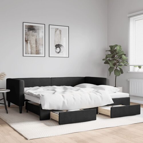 VidaXL Dnevni krevet na razvlačenje s ladicama crni 90x200 cm tkanina Slike