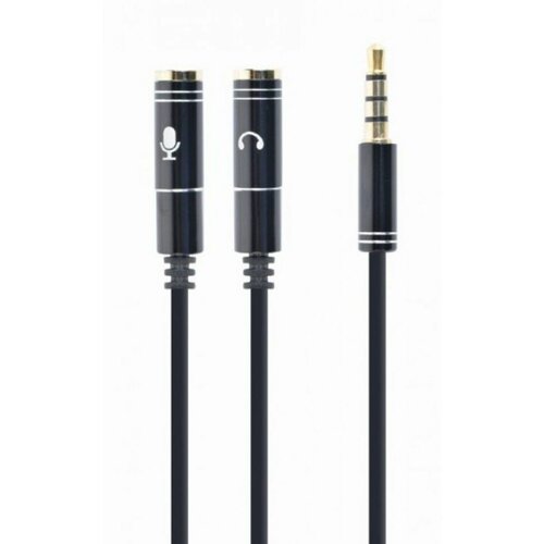 Gembird CCA-417M 2x 3.5 mm(slusalice i mikrofon) Metalni adapter na 1x 3.5mm(4 pin) cable, 0.2m crn kabal Slike