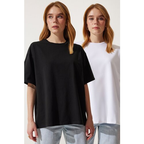  Women&amp;#039;s Black and White 2-Piece Crew Neck Basic Oversize Knitted T-Shirt Slike