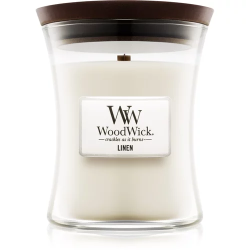 WoodWick Linen dišeča sveča z lesenim stenjem 275 g