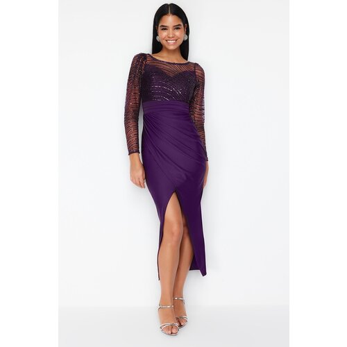 Trendyol Purple Tulle Detailed Knitted Elegant Evening Dress Slike