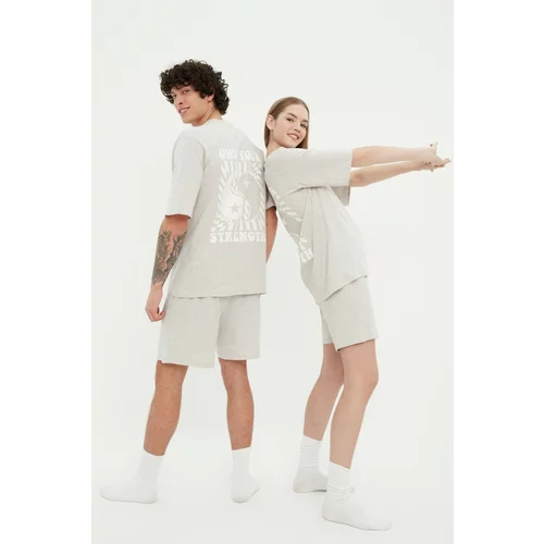 Trendyol Gray Unisex Printed Cotton T-shirt-Shorts Knitted Pajamas Set