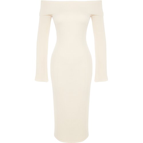 Trendyol Beige Fitted/Sleeping Carmen Collar Corduroy Soft-Textured Midi, Stretch Knit Dress Slike