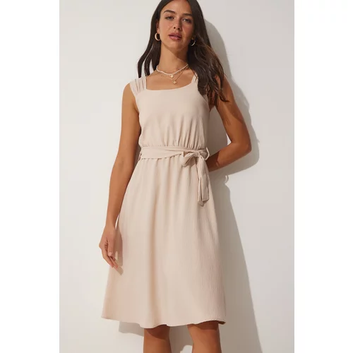 Happiness İstanbul Women's Cream Straps and Belted Summer Ajrobin Dress