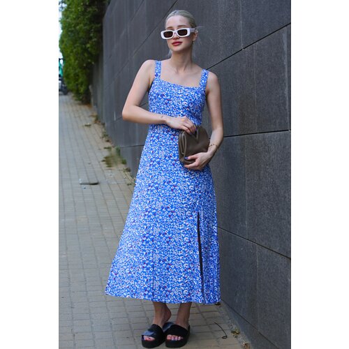 Madmext Blue Patterned Slit Long Dress Slike
