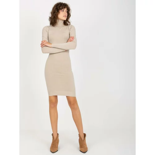 Fashion Hunters Light beige smooth dress fitted with a turtleneck