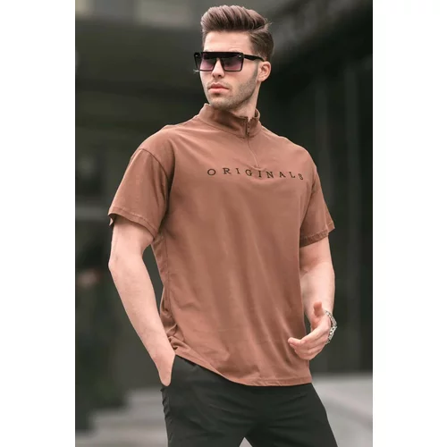 Madmext Brown Zipper Collar Men's T-Shirt 5858