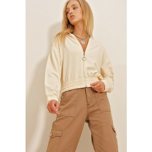 Trend Alaçatı Stili Women's Cream Hooded Zippered Crop Sweatshirt Slike