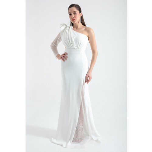 Lafaba Women's White One-Shoulder Stripe Lace Detailed Long Evening Dress Slike