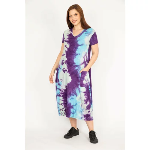 Şans Women's Purple Plus Size Tie Dye Pattern V-Neck Pocketed Dress