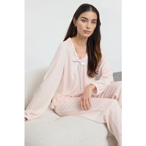 Trendyol Pink Striped Ruffle and Ribbon/Bow Detailed Woven Pajama Set