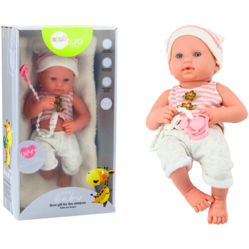  Lutka beba u bijeloj i ružičastoj odjeći, kapa, duda, varalica i dekica Cene