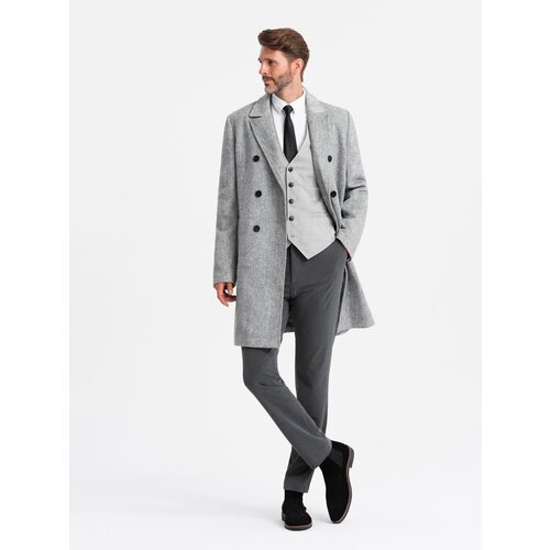 Ombre Elegant double-breasted men's herringbone coat - grey Slike