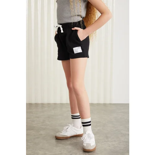 Grimelange AMARE-GRM24037 100% cotton 3 yarn ornamental labeled girls' shorts Black Shorts