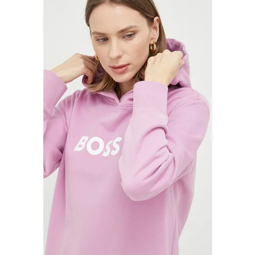 Boss Bombažen pulover ženski, roza barva s kapuco