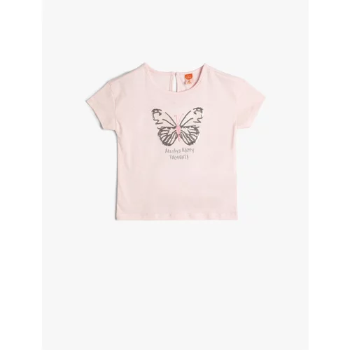 Koton T-Shirt Butterfly Sequin Embroidered Short Sleeve Crew Neck Cotton
